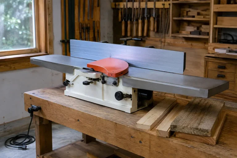 Benchtop jointer with long flat tables, upright fence and cutter guard beside rough and straight-edged boards