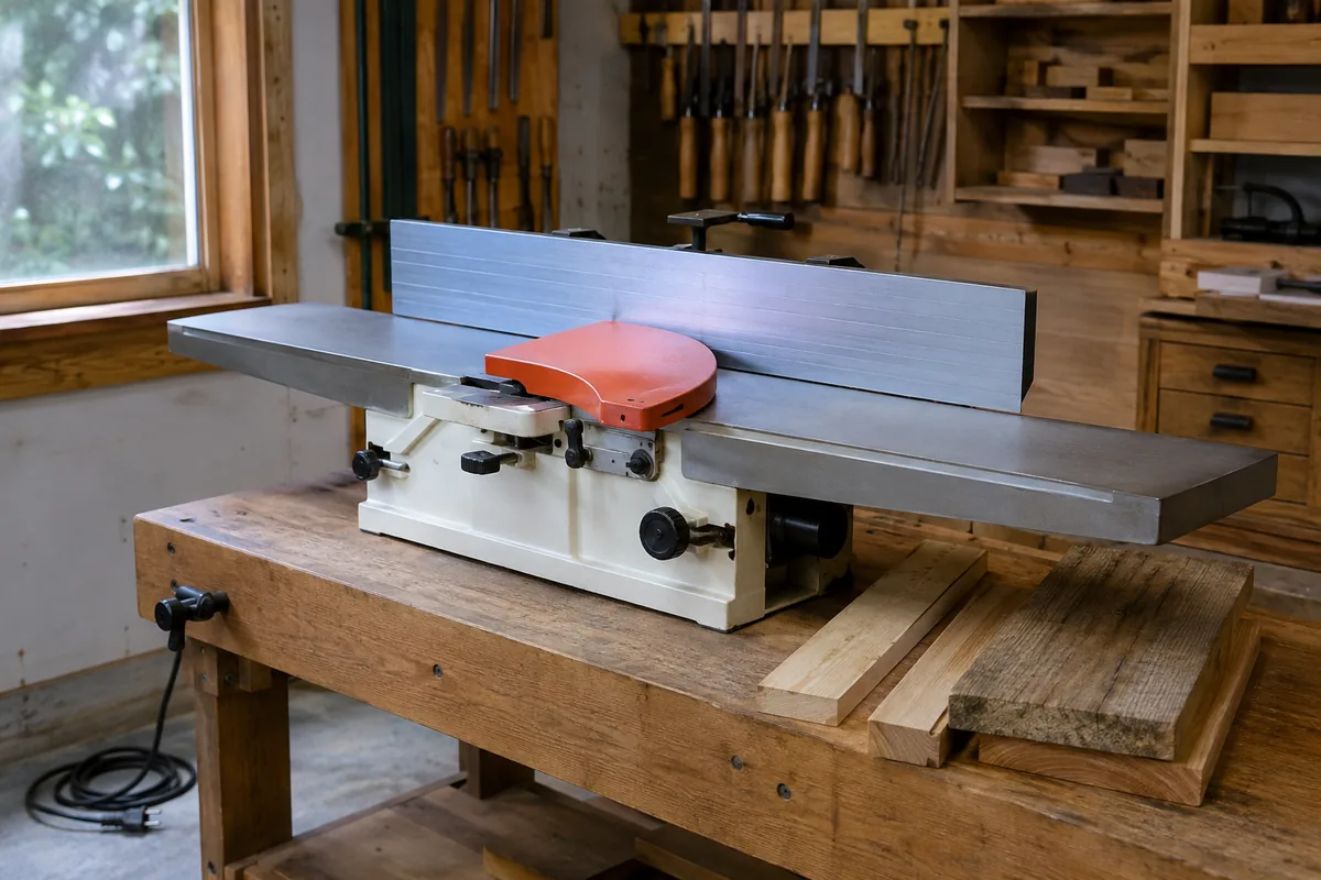 Benchtop jointer with long flat tables, upright fence and cutter guard beside rough and straight-edged boards