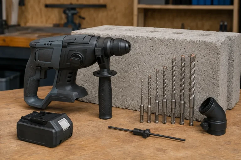 Cordless rotary hammer with side handle beside masonry bits, a detached battery and a concrete block