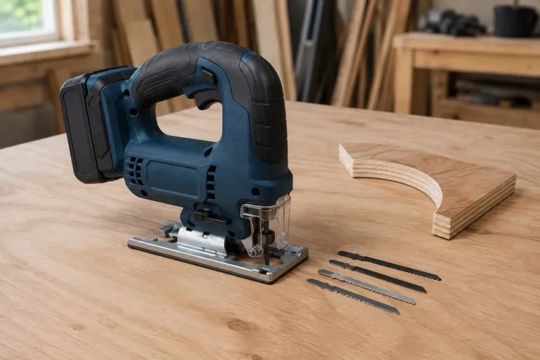 Cordless jigsaw on plywood beside spare blades and a curved wood offcut