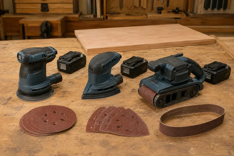 Cordless random orbital, detail and belt sanders beside their matching abrasive discs, sheets and sanding belt