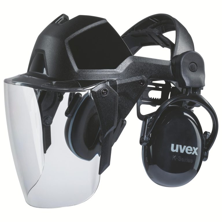 Clear full-face visor on adjustable head suspension with attached earmuffs, shown unworn.