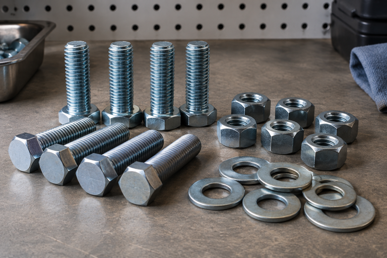 AI-generated editorial illustration of bolts nuts washers