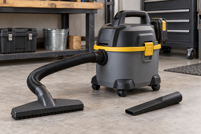 AI-generated editorial illustration of cordless wet dry vacuum