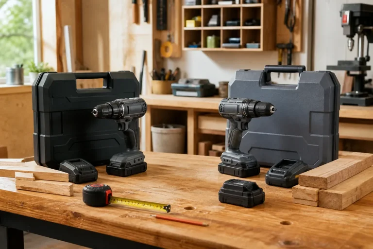 Editorial illustration: cordless drills, cases, batteries and chargers on a bench.