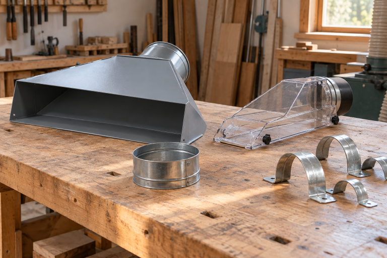 AI-generated editorial illustration of dust collection hoods and port fittings