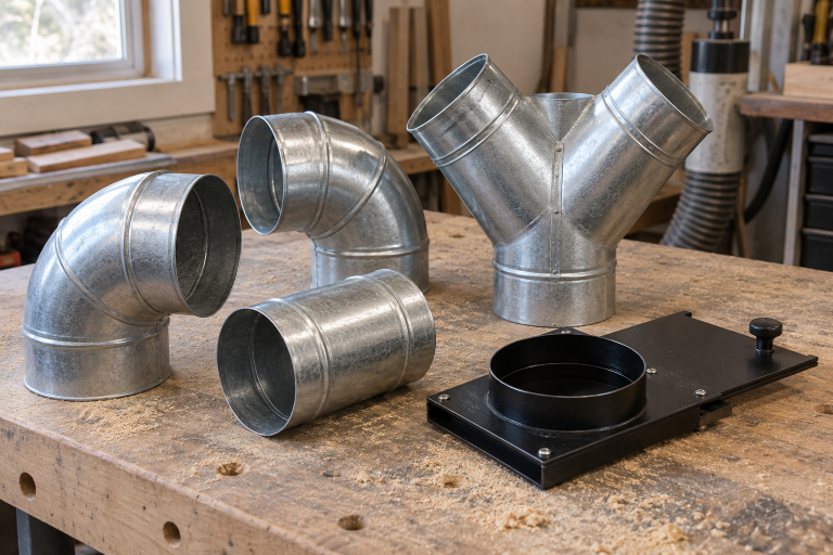 AI-generated editorial illustration of dust duct fittings