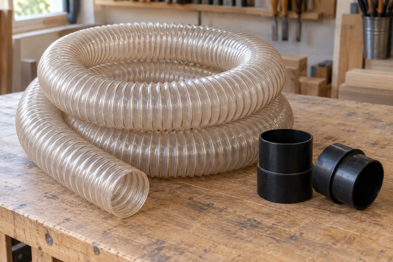 AI-generated editorial illustration of dust extraction hose