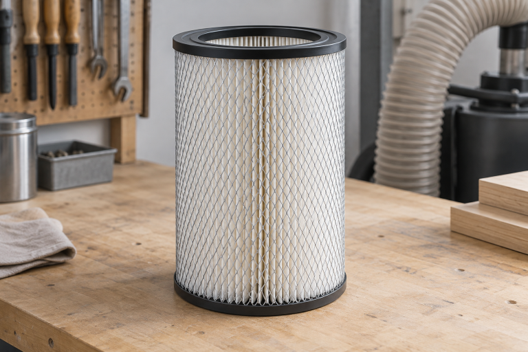 AI-generated editorial illustration of dust filter cartridge