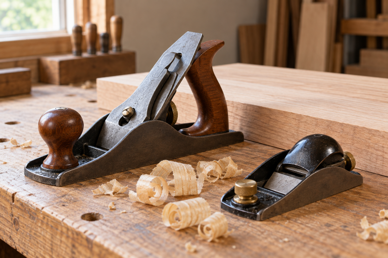 AI-generated editorial illustration: woodworking bench plane and block plane with wood shavings.