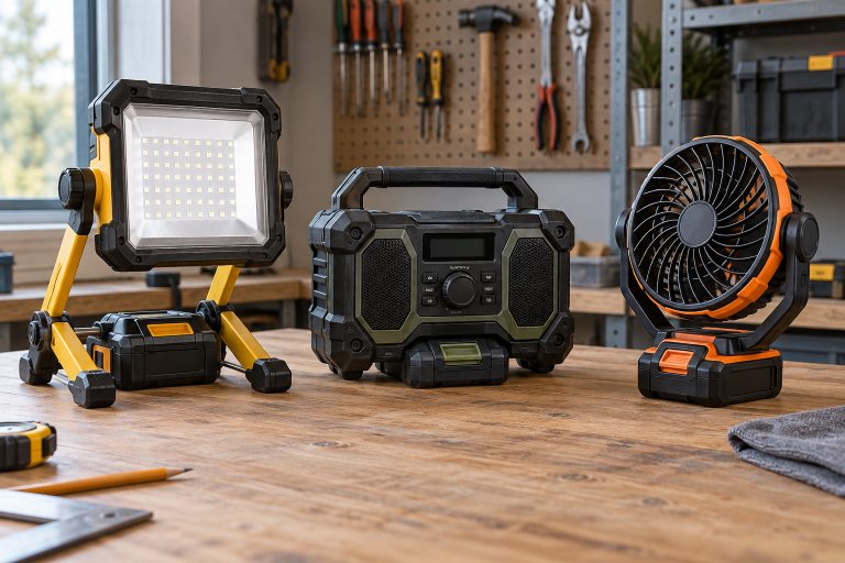 AI-generated editorial illustration of jobsite light radio fan