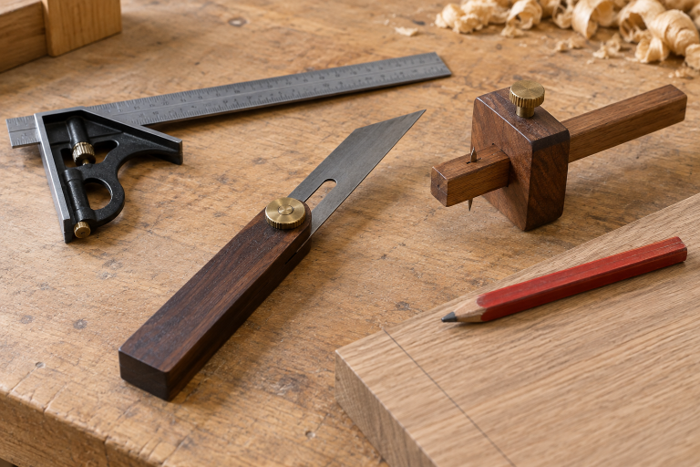 AI-generated editorial illustration: combination square, sliding bevel, marking gauge and carpenter pencil.