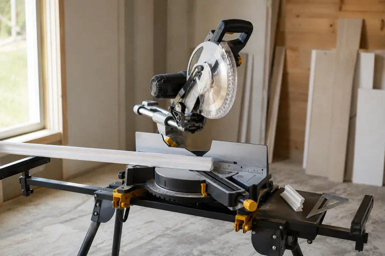 Editorial illustration: sliding miter saw on a stand in a woodworking shop.