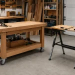 Editorial illustration: mobile wooden workbench and folding work table in a workshop.