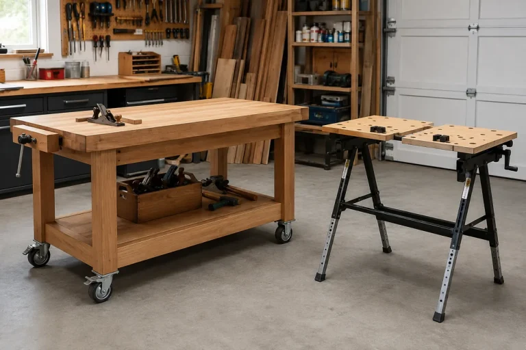 Editorial illustration: mobile wooden workbench and folding work table in a workshop.