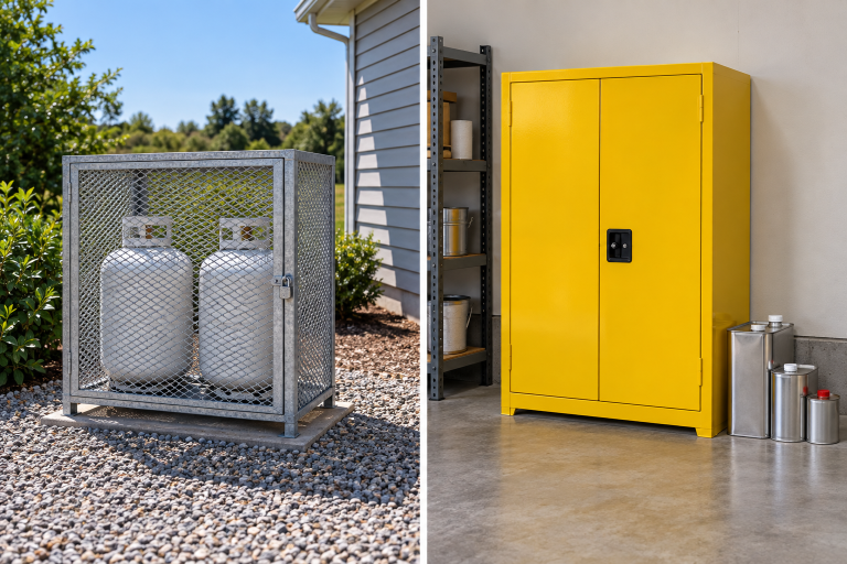 AI-generated editorial illustration of outdoor fuel storage and closed finish cabinet