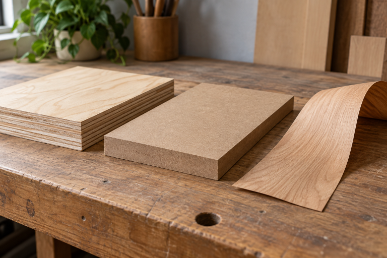 AI-generated editorial illustration of plywood mdf veneer samples