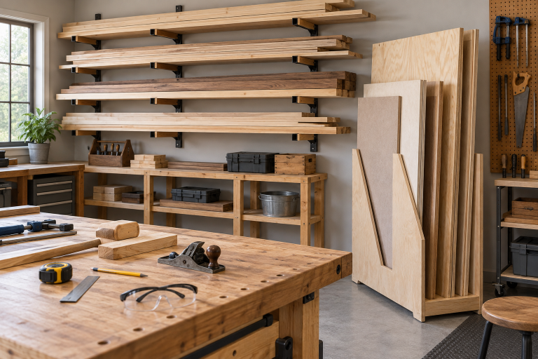 AI-generated editorial illustration of timber and sheet stock storage