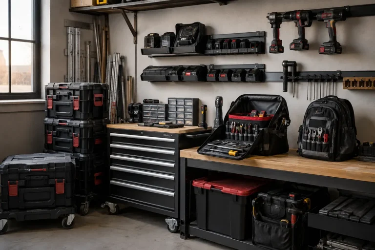 Editorial illustration: workshop tool cabinets, tool cases and wall storage.