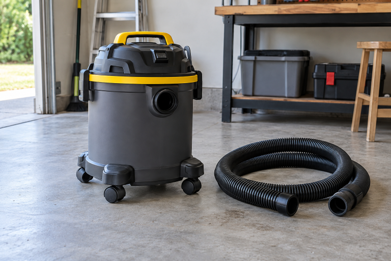 Editorial illustration: wet-dry shop vacuum with a wide flexible hose.