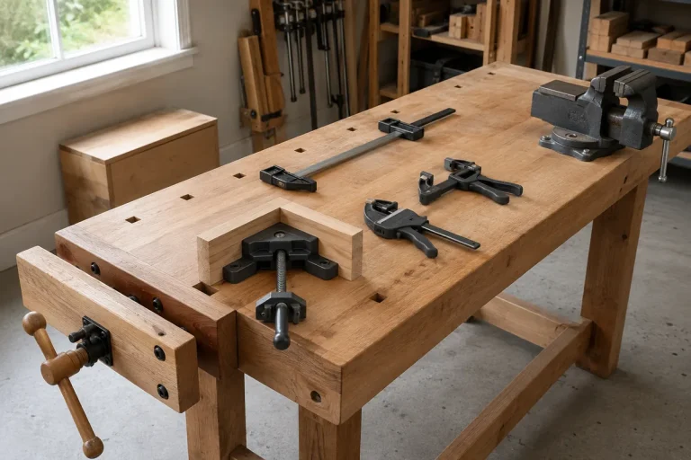 Editorial illustration: woodworking clamps and bench vise on a workbench.