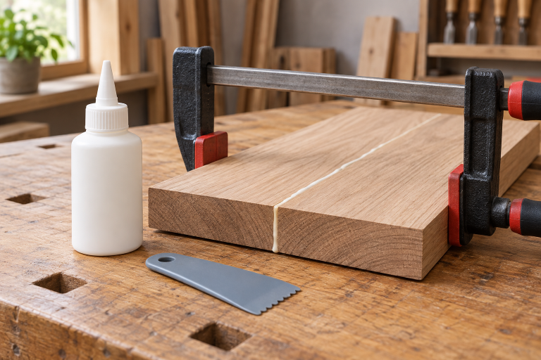 AI-generated editorial illustration: wood glue bottle beside an edge-glued board assembly and spreader.