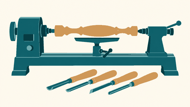 Editorial illustration: woodworking lathe with woodturning chisels, switched off.