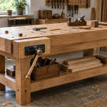 AI-generated editorial illustration of wood workbench