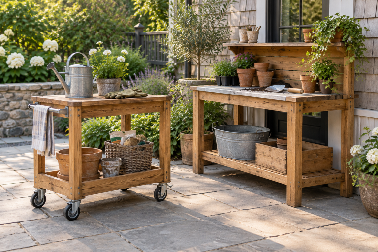 AI-generated editorial illustration of wooden cart and potting bench