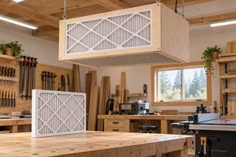 AI-generated editorial illustration of workshop air filter.