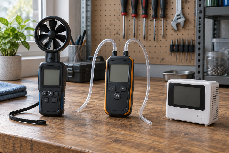 AI-generated editorial illustration of workshop airflow instruments