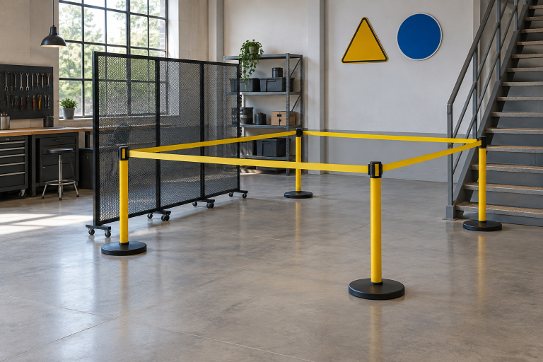 AI-generated editorial illustration of workshop barriers and blank safety signs