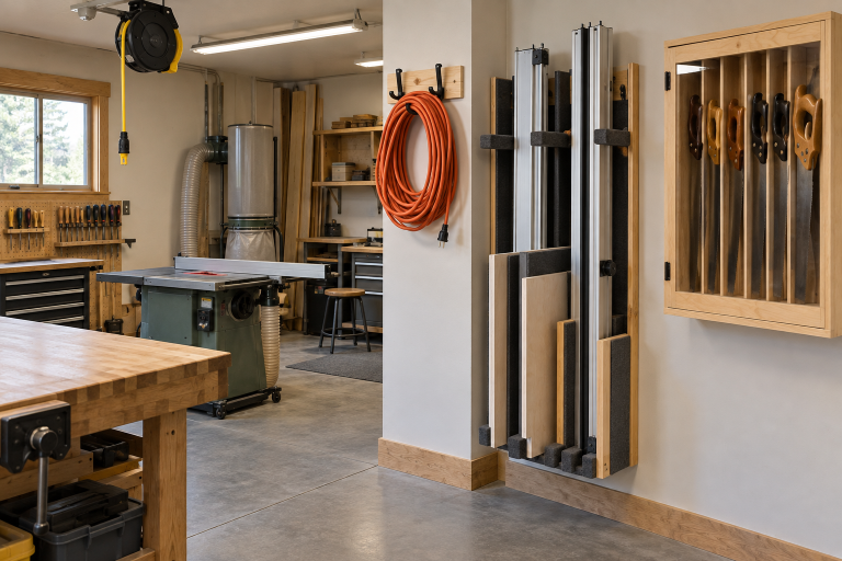 AI-generated editorial illustration of workshop cord hooks reels and machine fence storage