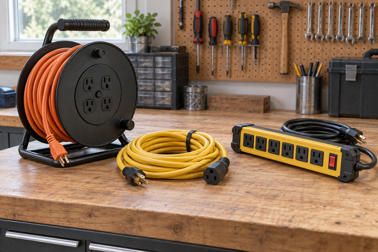 AI-generated editorial illustration of workshop cord management