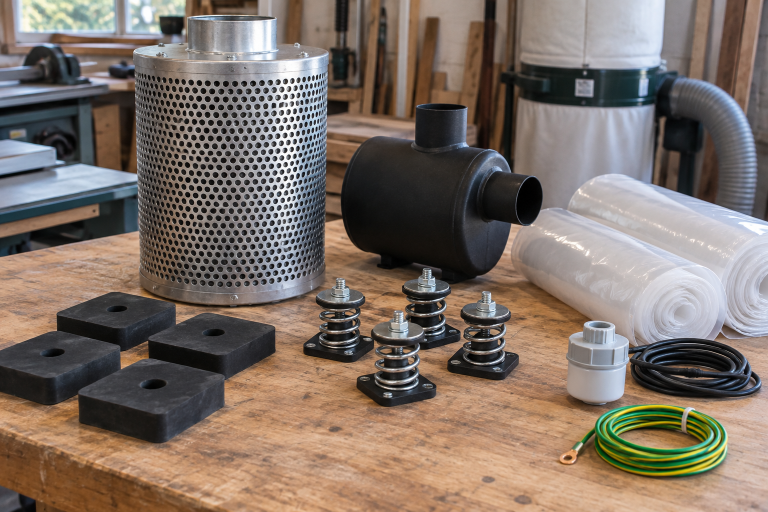 AI-generated editorial illustration of workshop dust accessories and vibration isolators