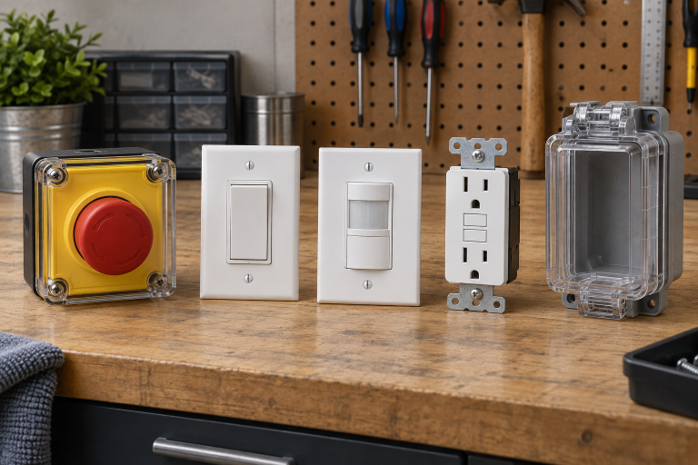 AI-generated editorial illustration of workshop electrical control devices