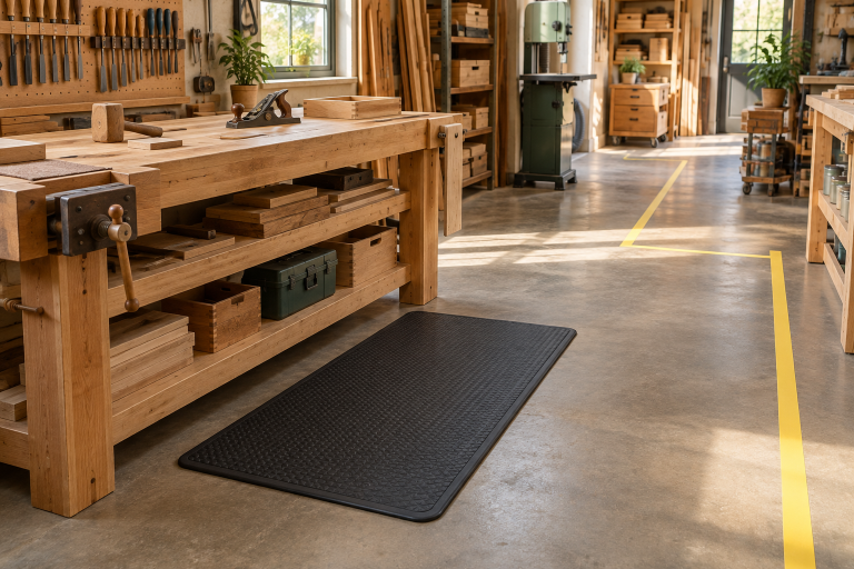 AI-generated editorial illustration of workshop floor and markings