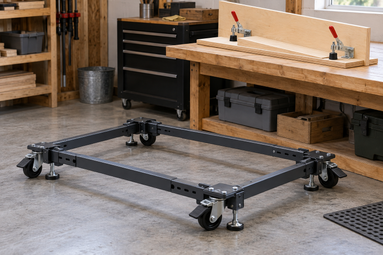AI-generated editorial illustration of workshop mobile base and clamping jig