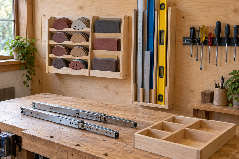 AI-generated editorial illustration of workshop specialized organizer racks