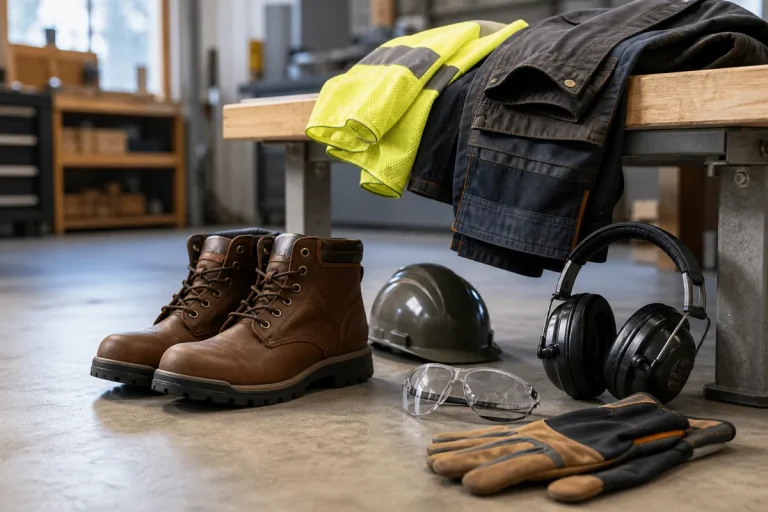 Editorial illustration: work boots, safety glasses, hearing protection, gloves and high-visibility workwear.