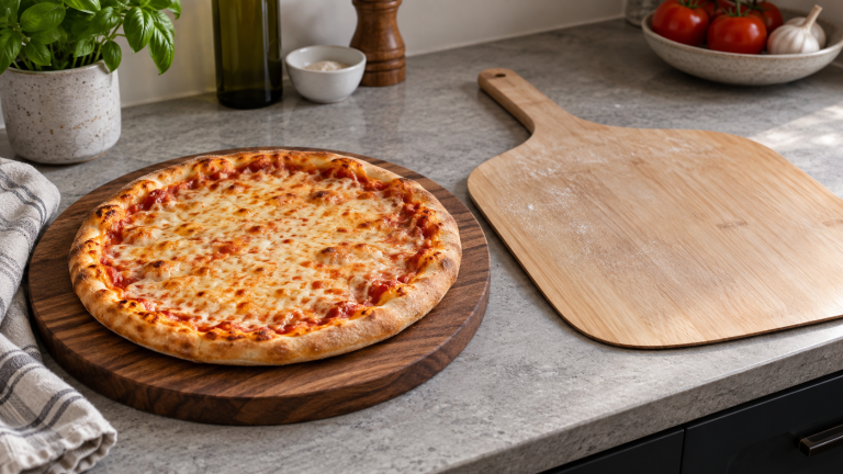 Pizza on a wooden board beside a pizza peel