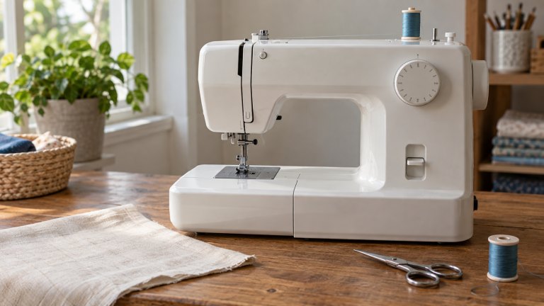 Domestic sewing machine with cotton fabric, thread and scissors