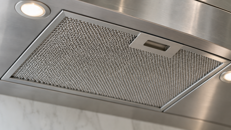 Metal mesh filter on the underside of a kitchen hood