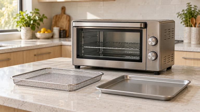Unbranded countertop oven beside a mesh air-frying tray and a shallow baking tray.