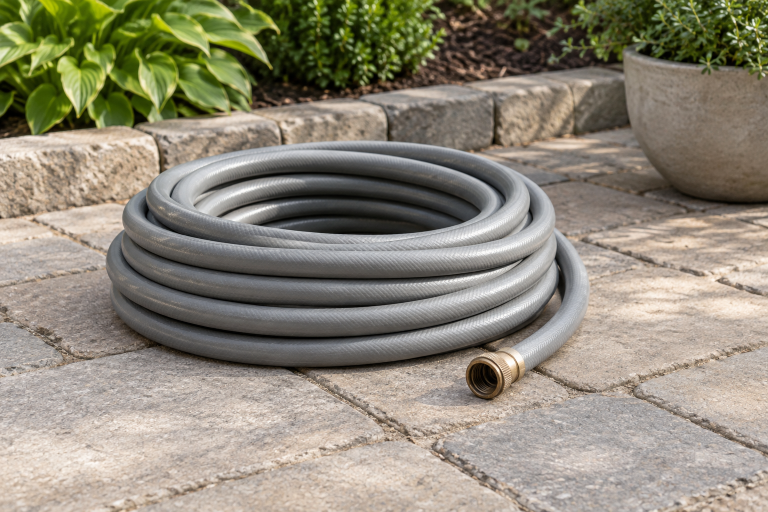 Coiled garden hose with a metal coupling
