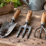 Garden trowel, hand fork and cultivator on a potting bench