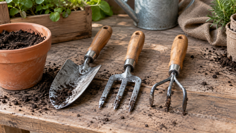 Garden trowel, hand fork and cultivator on a potting bench