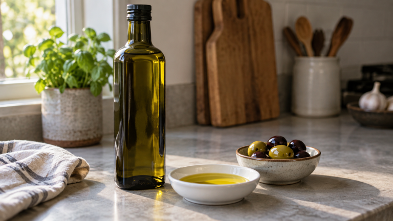 Unlabelled oil bottle with a dish of oil and olives on a kitchen counter.