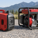 Enclosed portable generator and separate open-frame generator on outdoor gravel.