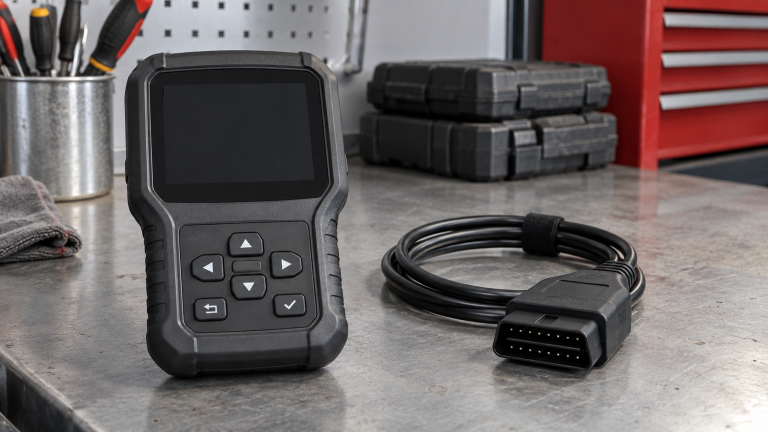 Automotive diagnostic scanner with dark screen and OBD cable